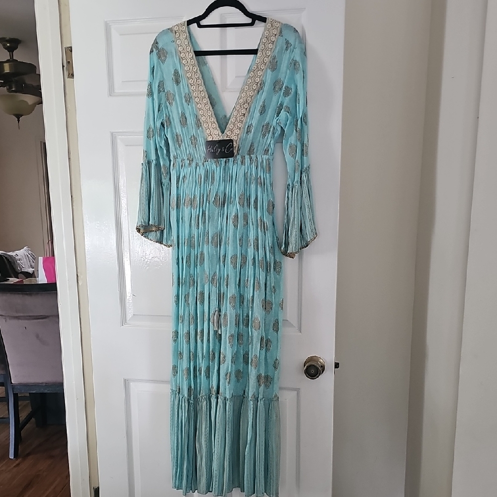 Elegant Teal And Gold Patterned Maxi Dress